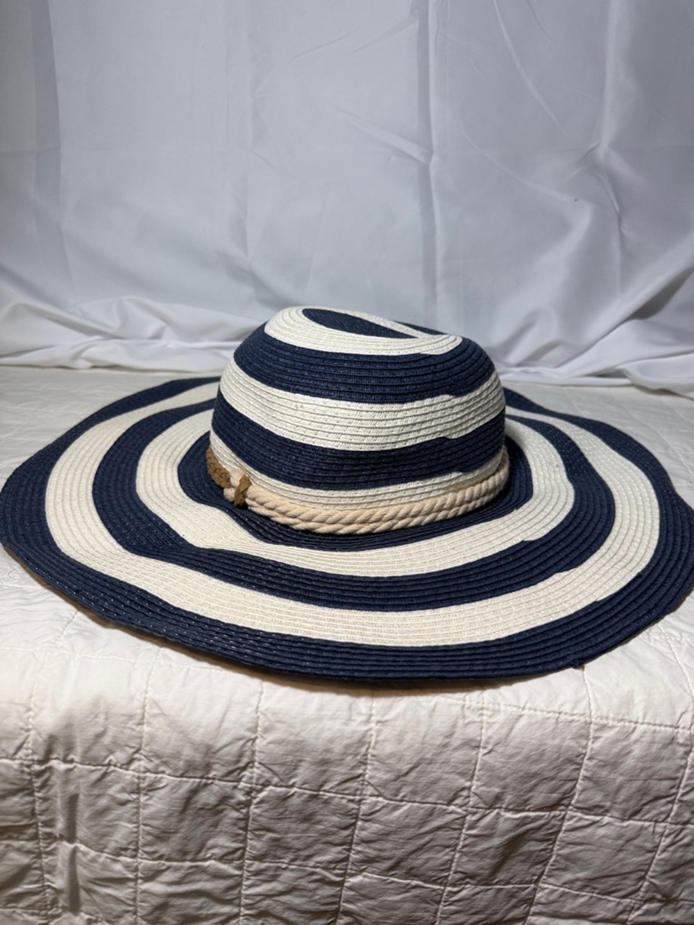 Vince Camuto Navy and White Striped Wide Brim Sun Hat